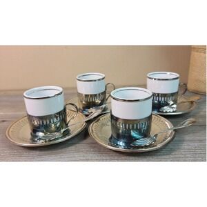 Bellini Brazil Silver Plated Espresso Set 4 Cups Saucers Spoons Vtg Demitasse